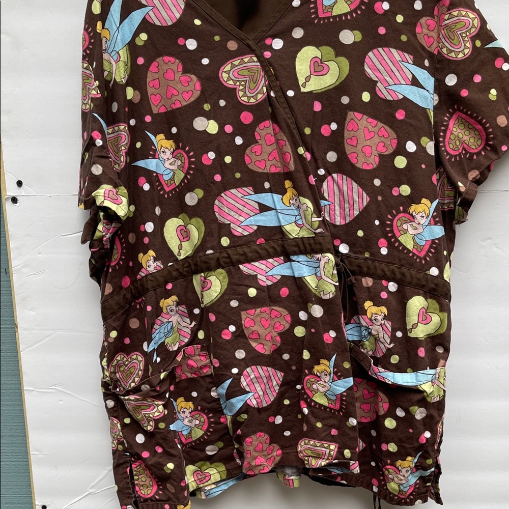 Disney 3XL Top 2Xl Pants Scrubs Brown and Pink Heart & Tinker Bell Print Top